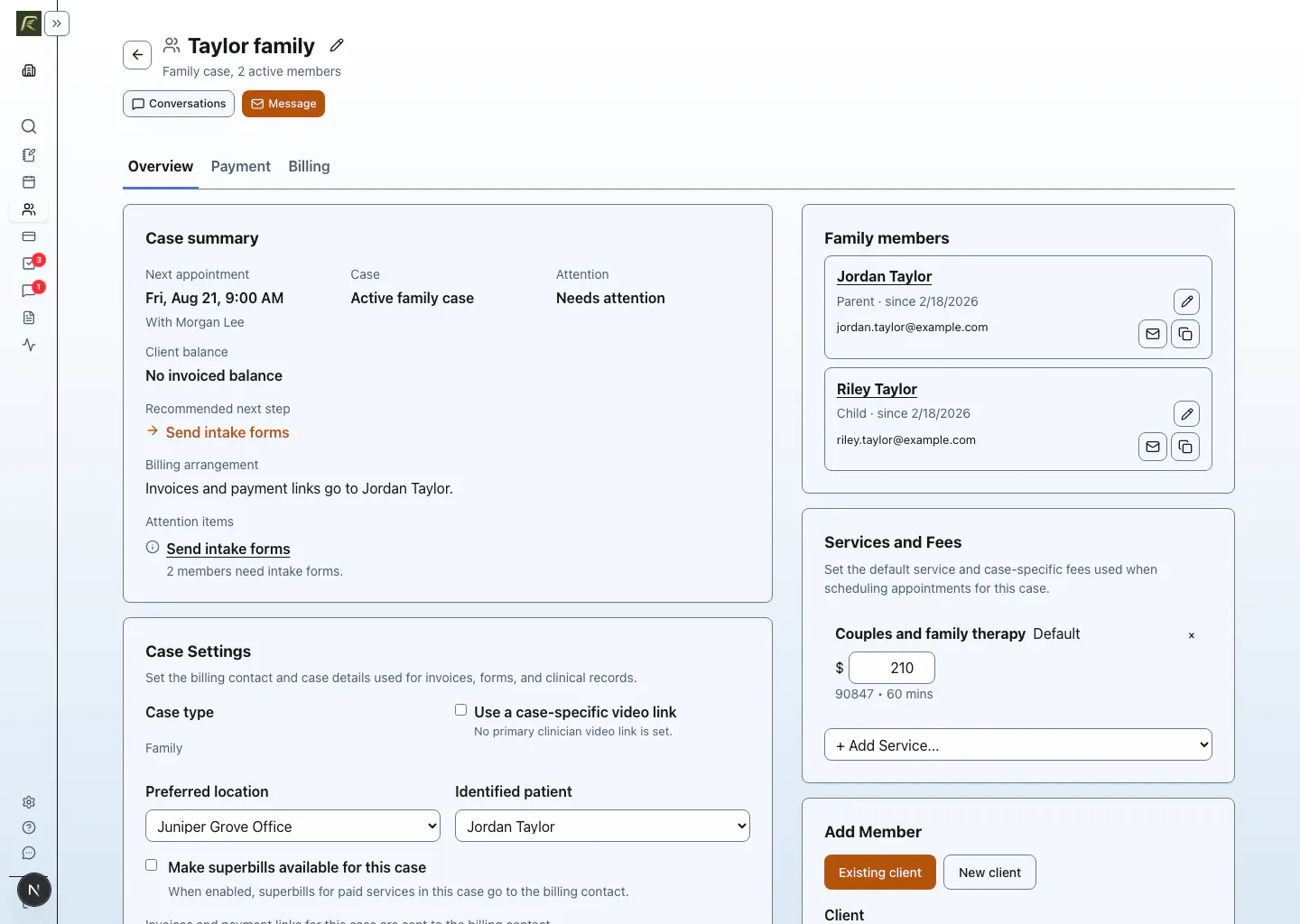 PracticeRunner family case showing several participants, shared case context, and a separate billing contact.