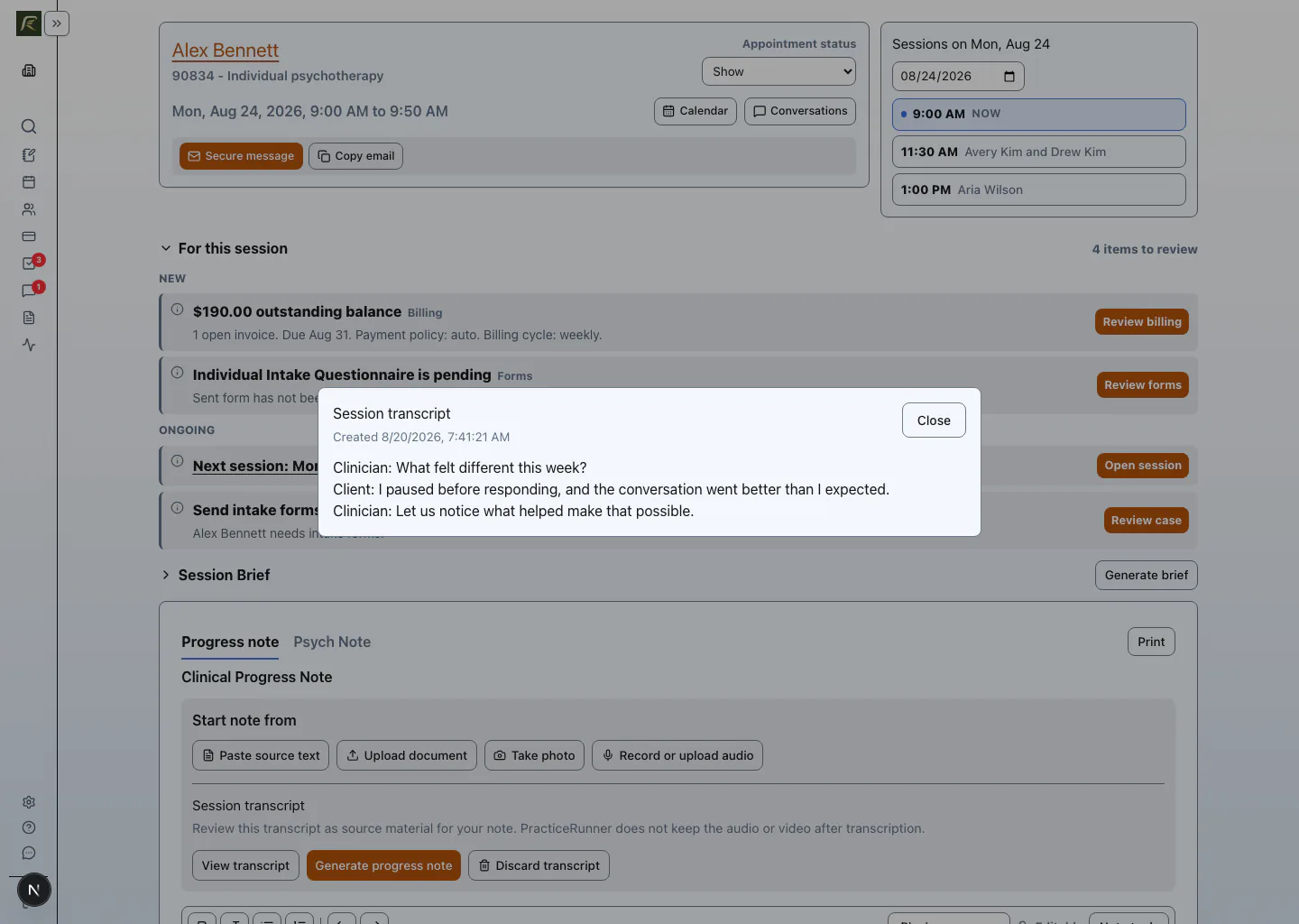 PracticeRunner documentation workflow showing source material and clinician-reviewed note drafting.