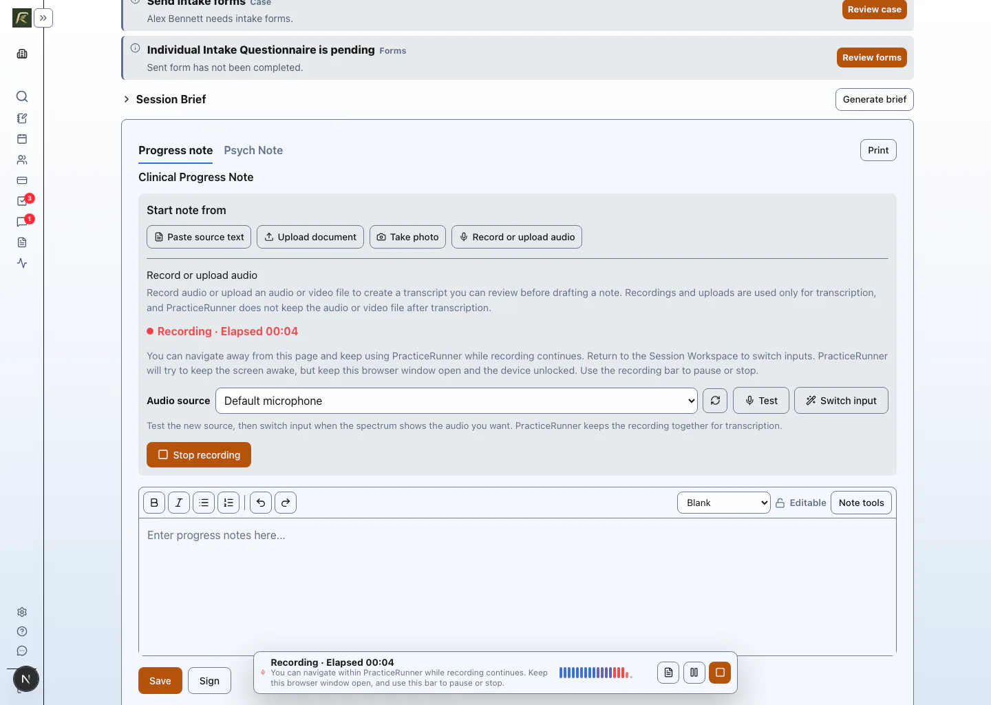 PracticeRunner Session Workspace recording interface with consent confirmation and recording controls.